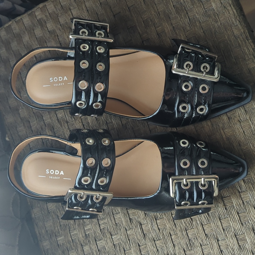 Soda Womens Black Buckle Pointed Toe Mary Jane Ballet Flats